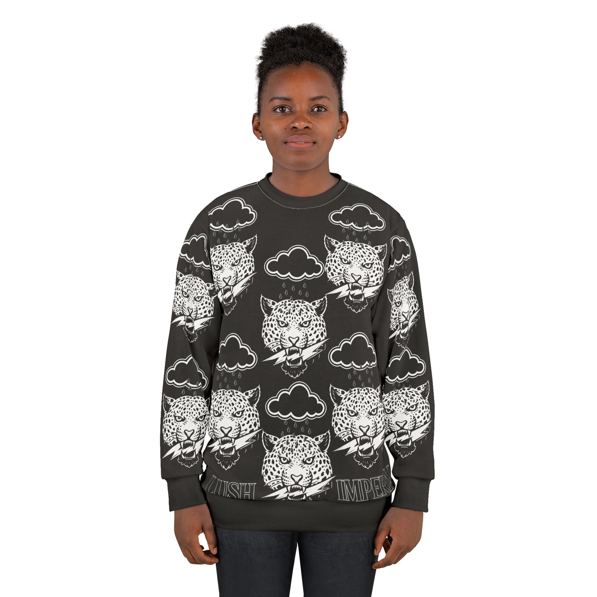 "Leopard Clouds Graphic Sweatshirt — Lush Imperial All-Over Print"