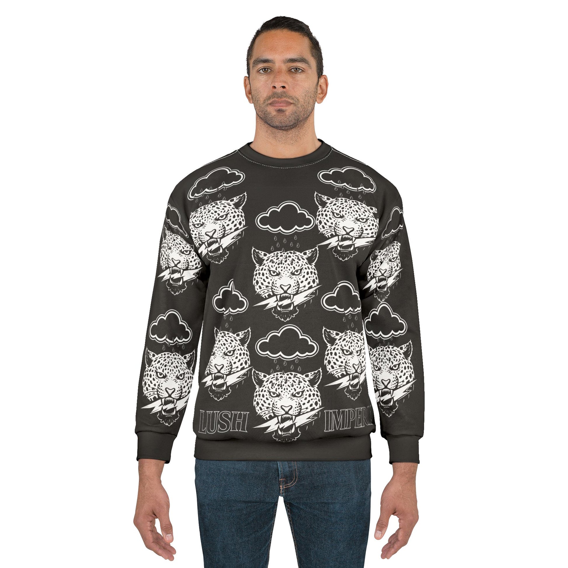 "Leopard Clouds Graphic Sweatshirt — Lush Imperial All-Over Print"