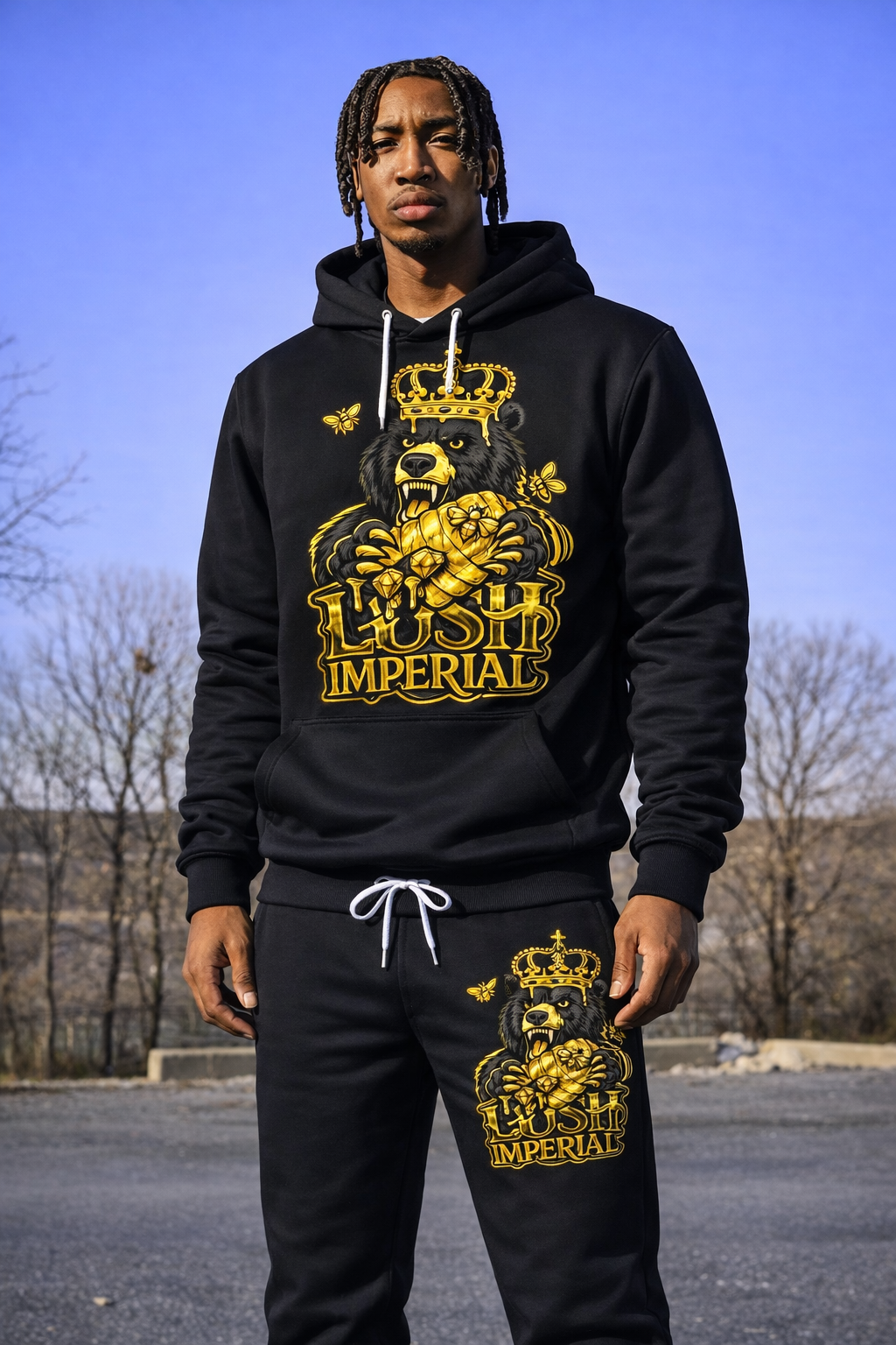 "Lush Imperial Royal Bear Black & Gold Jogger Set Unisex"